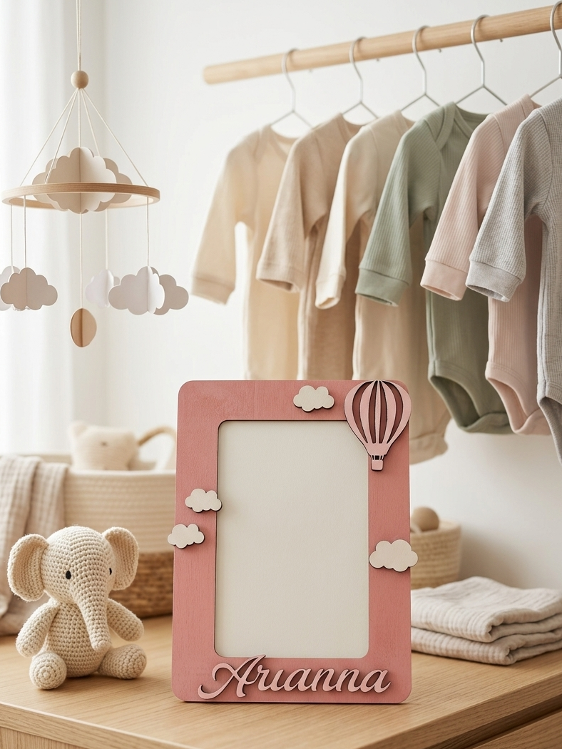 Portafoto Personalizzato "Mongolfiera Little Girl" – Cornice in Legno Artigianale
