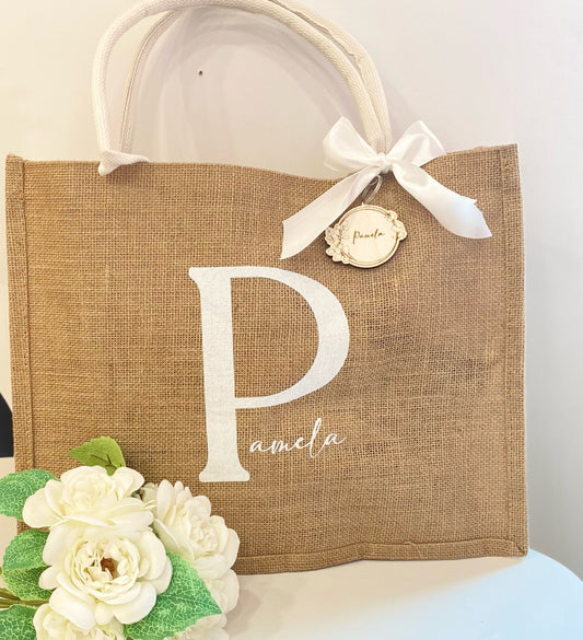 Borsa Mare in juta con Portachiavi inciso - Bianco Glitter