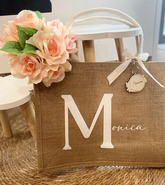 Borsa Mare in juta con Portachiavi inciso - Bianco Glitter