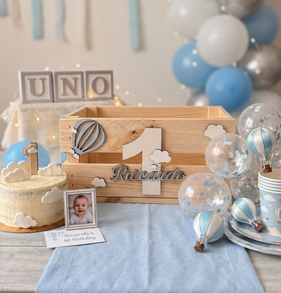 Cassetta in Legno Personalizzata "Primo Compleanno" – Tema Mongolfiera
