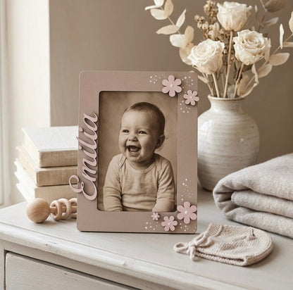 Portafoto Nascita Personalizzato "Aurora" – Cornice in Legno Artigianale con Fiori