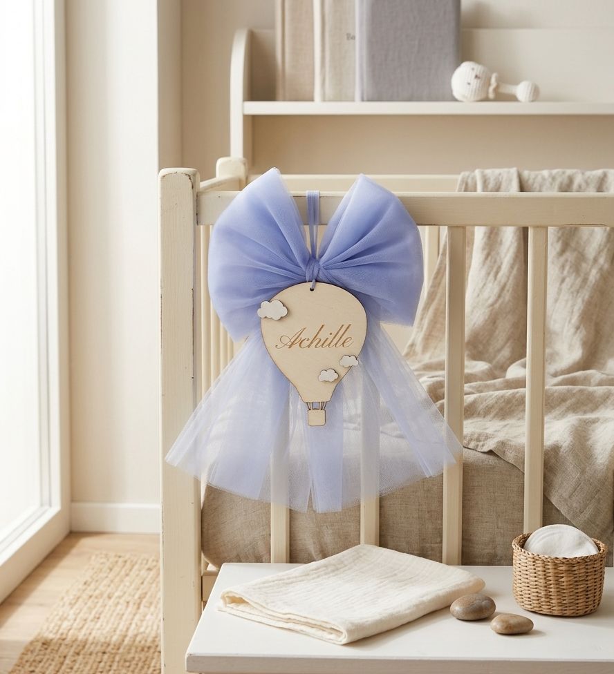 Fiocco Nascita in Tulle - Mongolfiera - Personalizzato