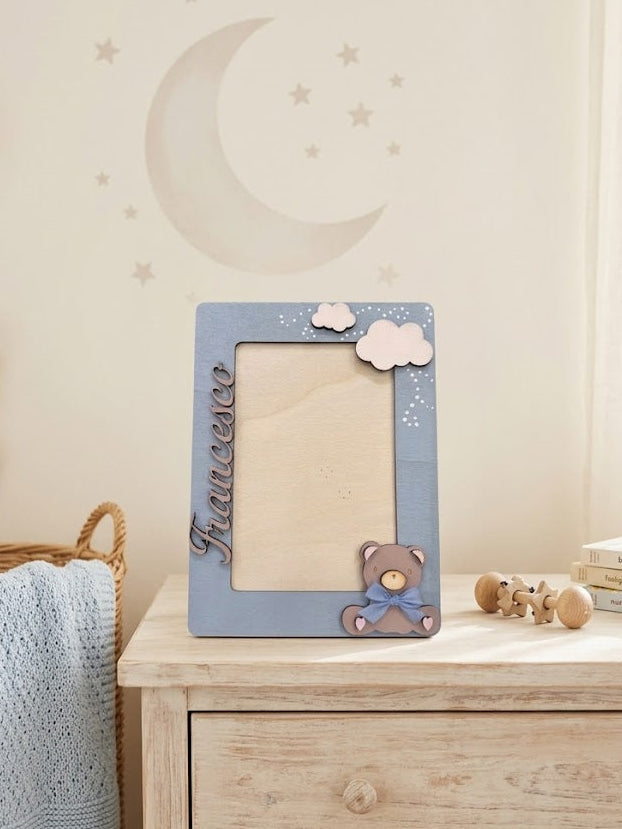 Portafoto Nascita Personalizzato "Orsetto" – Cornice in Legno Artigianale
