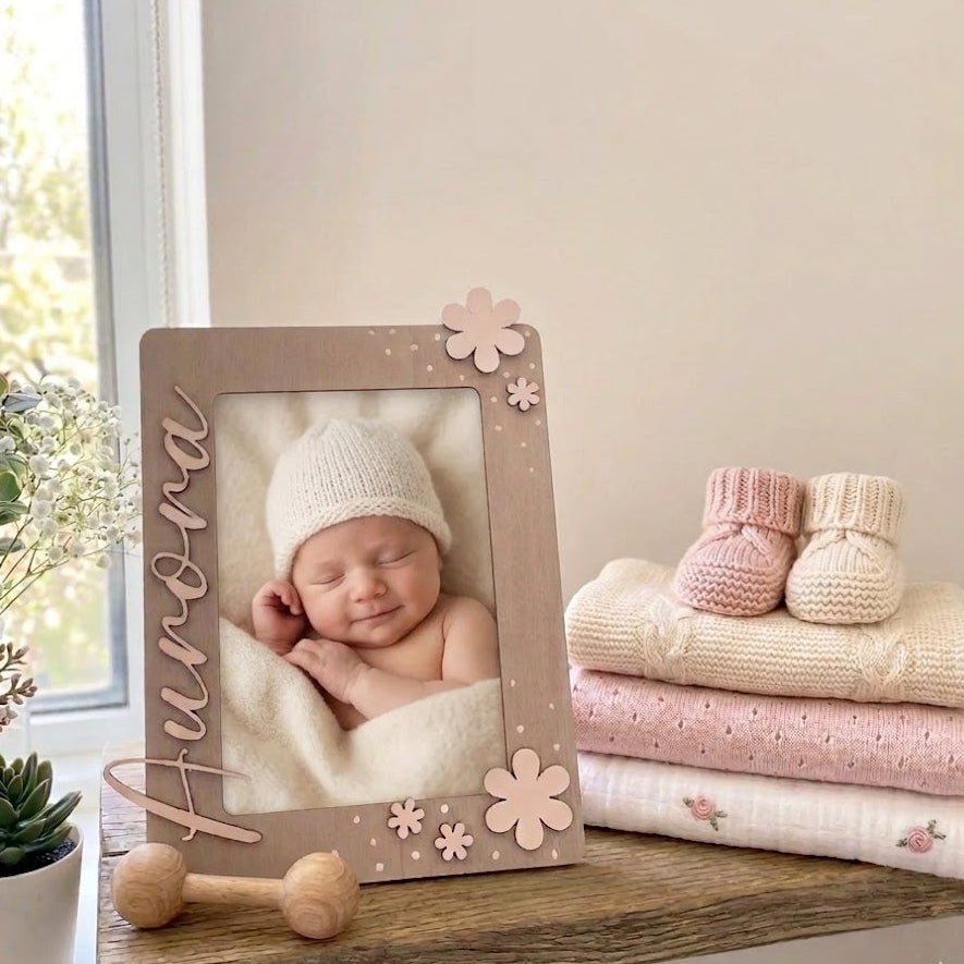 Portafoto Nascita Personalizzato "Aurora" – Cornice in Legno Artigianale con Fiori